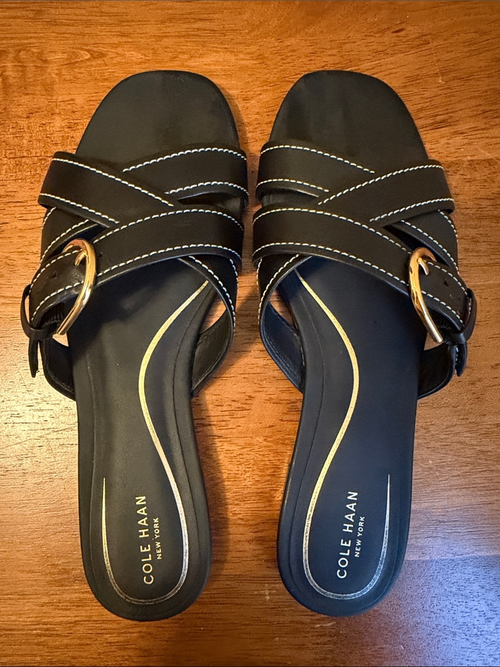 Cole Haan Black Leather Crossband Slide Sandals with Gold Buckles